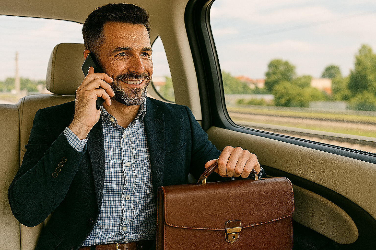 Image of salesman on a sales call in a car
